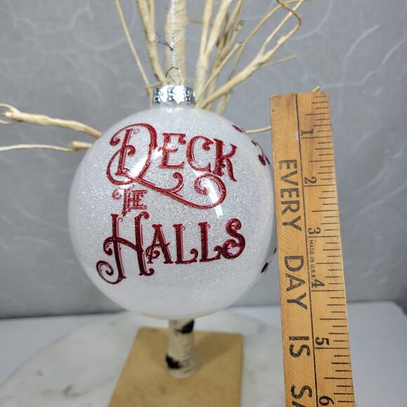 Vintage Deck the Halls Ornament 4.5” Red Glitter Script Handmade Glass - Picture 16 of 16